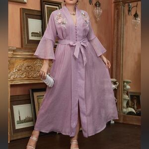 SHEIN curve Lavender Maxi Dress with Floral Embroidery and belt